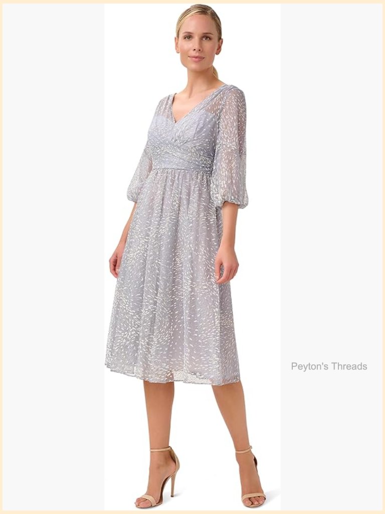Glitter Mesh Midi Cocktail Dress With V-Neck And Empire Waist